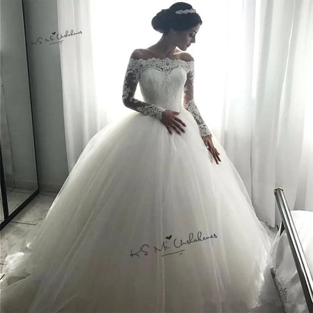 Простое дешевое свадебное платье с длинным рукавом и кружевами, Vestido de Noiva Princesa, свадебные платья с вырезом лодочкой, свадебные платья, китайский тюль