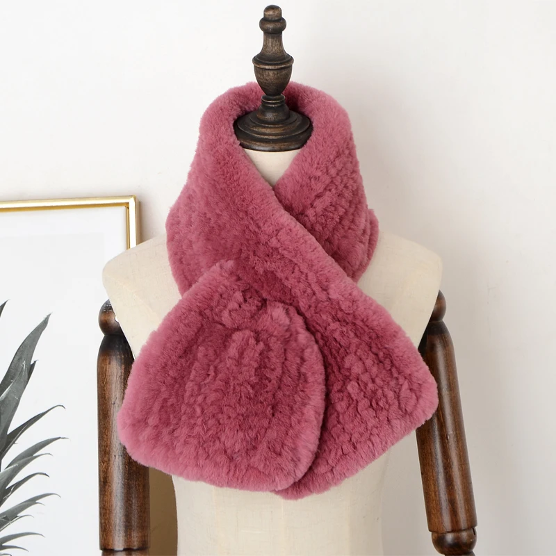 

Women's Genuine Real Rabbit Fur Knitted Scarf Winter Warn Neck knitting Solid Color Fur Scarves For Ladies