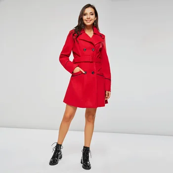 

Long Trench Coat Women Vintage Woolen Overcoat Office England Style Street Belt Slim Solid Blue Elegant Ladies Casual Outerwear