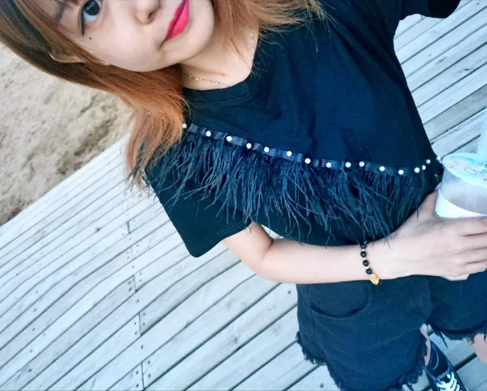 WHITNEY WANG футболка Летняя мода уличная одежда жемчуг бисер перья Лоскутная футболка женская футболка Топ Леди тройники