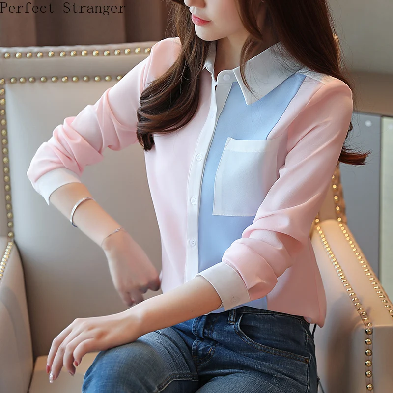 

2019 Autumn New Arrival Leisure Turn-down Collar Color Block Long Sleeve Woman Chiffon Blouse