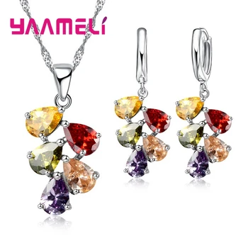 Anniversary Gift For Women Trendy 925 Sterling Silver Jewelry Sets Cubic Zirconia Pendants Necklaces Charm Hoop Earrings