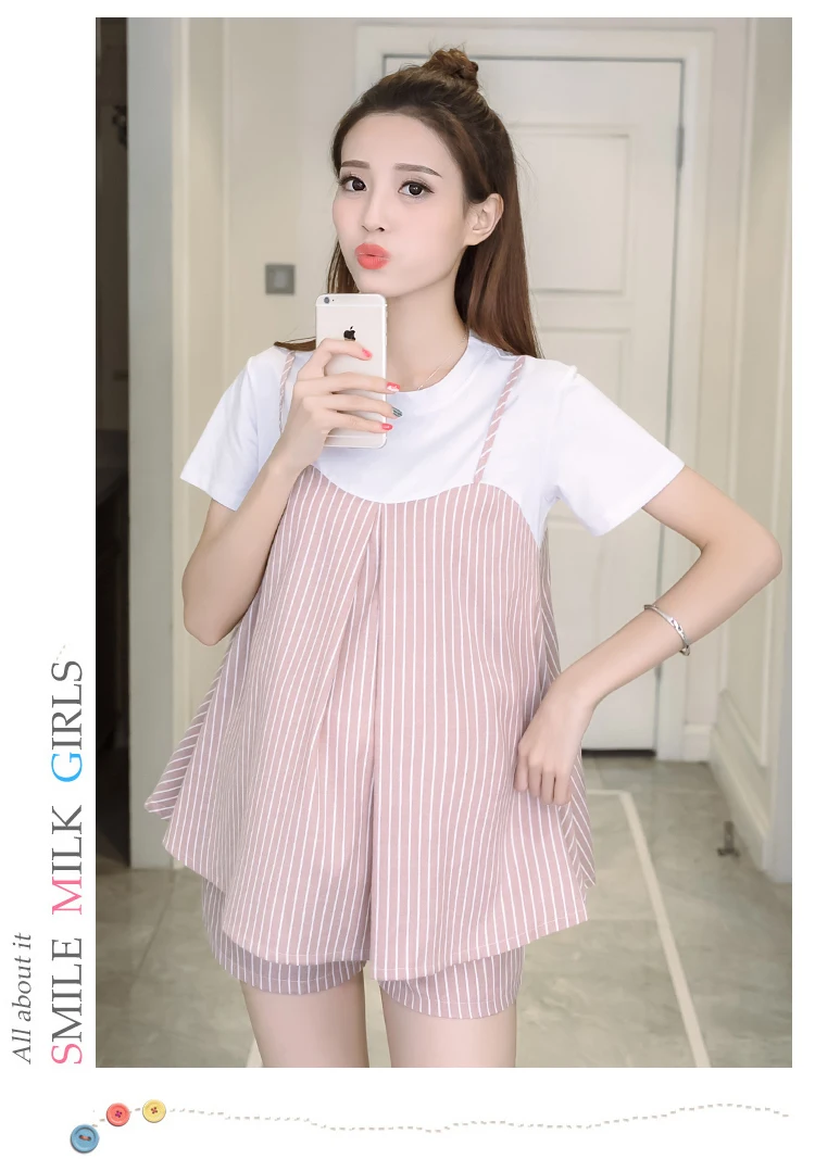 Trend pregnant women fashion spring and summer dress comfortable simple pregnant women suit stomach lift stripe two-piece fashio