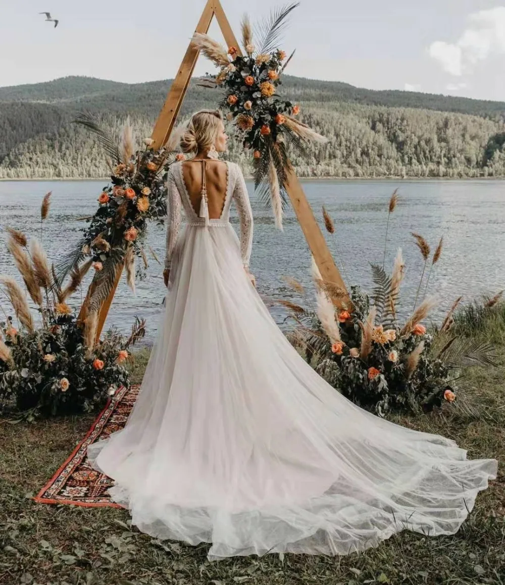 Vestido De Noiva богемный с длинными рукавами свадебное платье Кружева V шеи пляж сексуальный тюлевый с открытой спиной Элегантные Свадебные платья