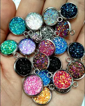 

60piece/lot Stainless Steel Mermaid Fish Scale Charm Colorful Faux Druzy Cabochon Resin Round Drusy Charms 12mm