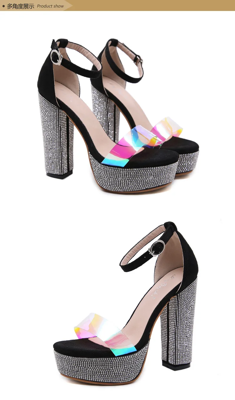 Hokszvy Summer Women Ctystal Wedding Pumps Classic Word Rhinestone Chunky-Heel 13.5cm High-Heel Sandals 4.5cm platfrom JXQ