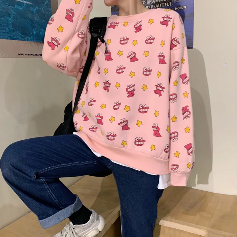 65-Fen Harajuku/корейский бренд; толстовки с принтом динозавра в Корейском стиле; Милая толстовка с длинными рукавами; цвет розовый; повседневные свободные пуловеры с круглым вырезом; большие размеры - Цвет: 65-Fen