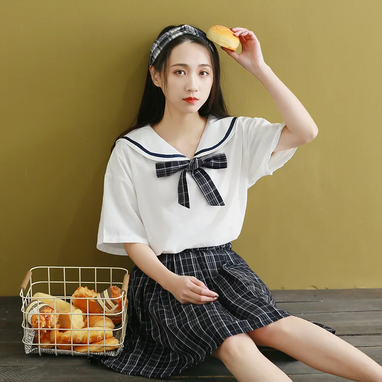 

2019 Japanese-style Mori Girl Line Summer New Style College Style Plaid Navy Student Short-sleeve Dress