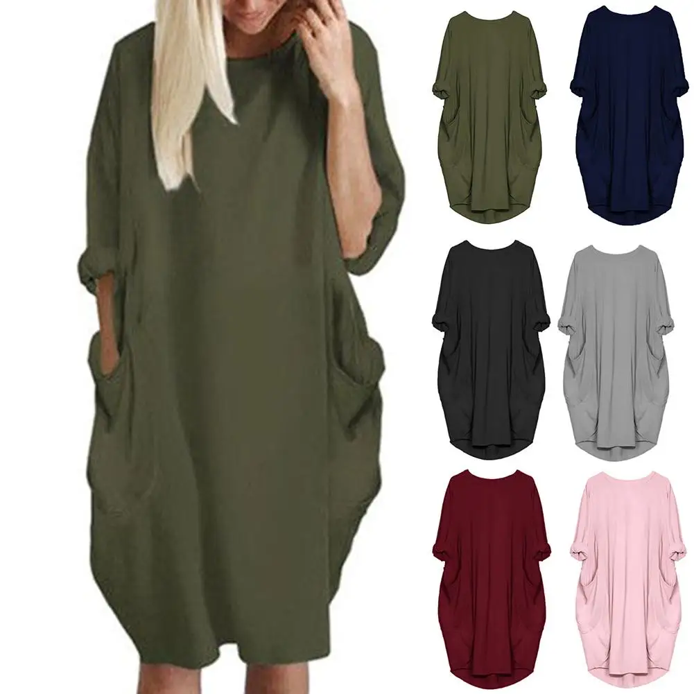 

Hot Lady Casual Solid Color Loose Round Neck Half Sleeve Pullover Midi Dress Loose Round Neck Half Sleeve Pullover Midi Dress