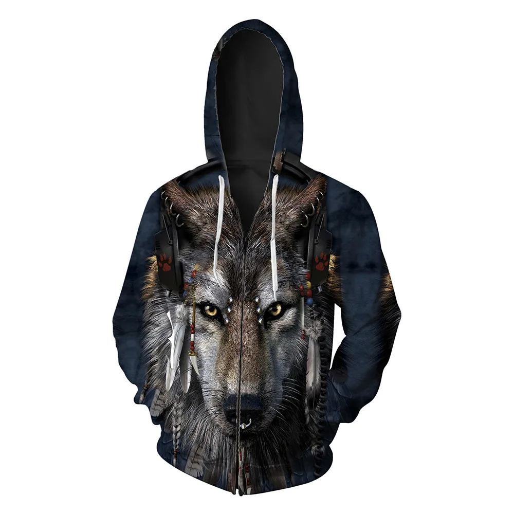 Wolf Head Printed Men's Open-top and Hat Guard Fashion European American Zippered Printing Blouse hoodies |