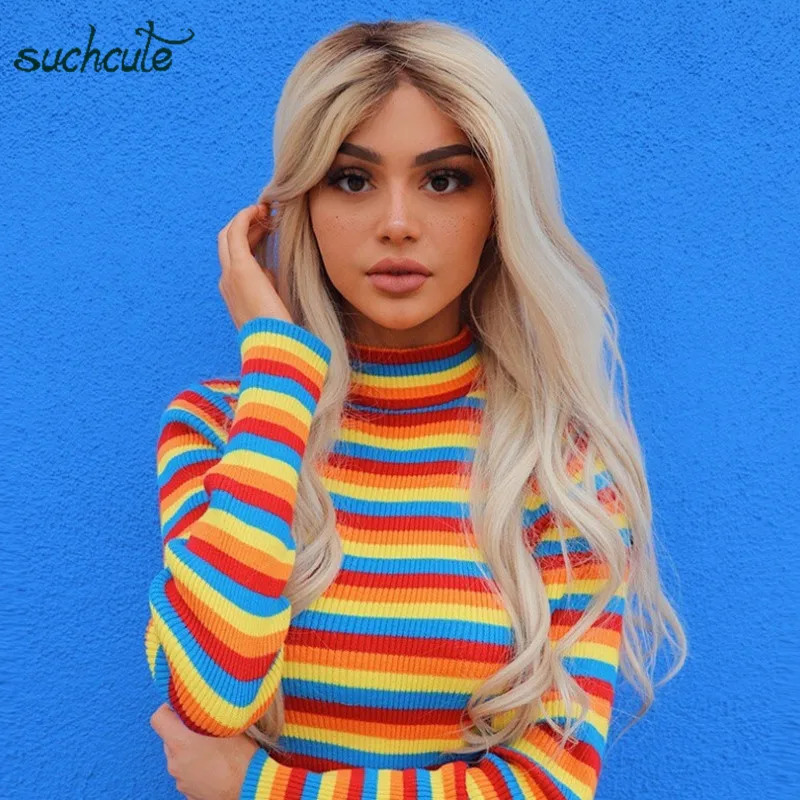 SUCHCUTE/женские футболки радужной вязки Modis Truthleneck Longslive Harajuku Готический Повседневный корейский стиль женские топы фестиваль