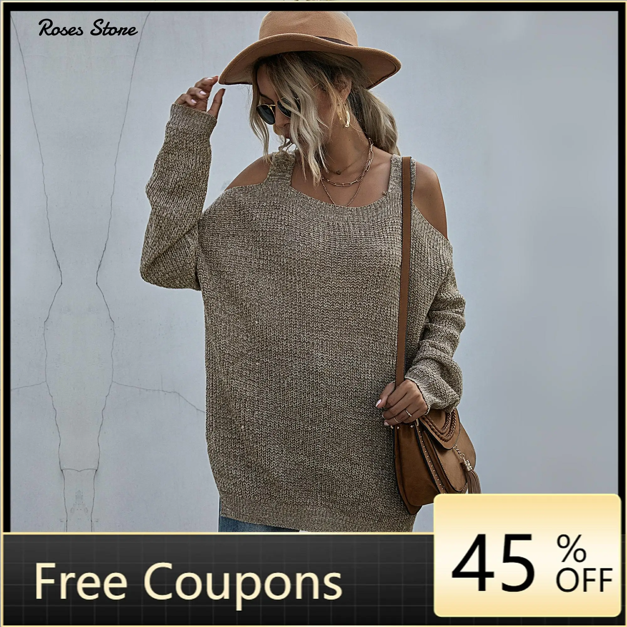 Women's Autumn Loose Lightweight Off Shoulder Sweater Khaki Pullovers Fashion Clothes Female Tops Streetwear Spring Y2K Jumpers | Женская