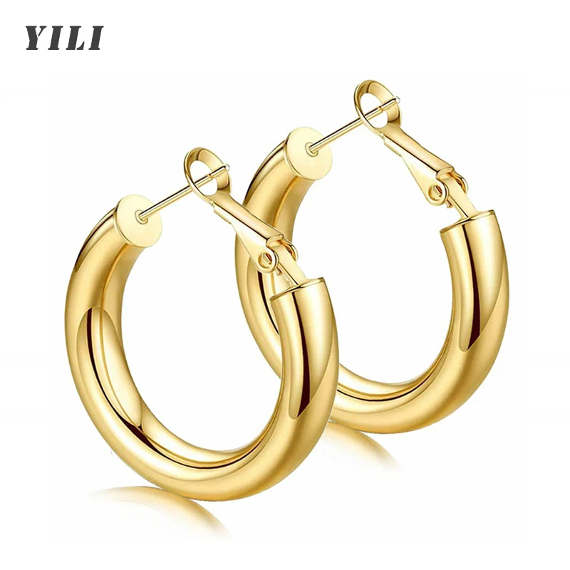 2021 New Thick Hoop Earrings Lightweight Chunky Gold Hoops Earrings 14K Gold Plated Large Circle Earring for Women Girls