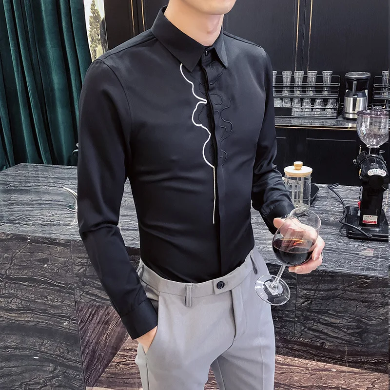 Мужские рубашки с вышивкой, повседневные, облегающие, Camisa Social camiseta Masculina, деловые рубашки, дизайнерские рубашки для смокинга, мужские белые рубашки
