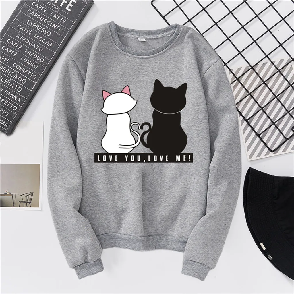 Харадзюку толстовки для женщин дамы kawaii кошки печатных с длинным рукавом круглый воротник толстовка женские осенние Топы Блузка Sudadera Mujer
