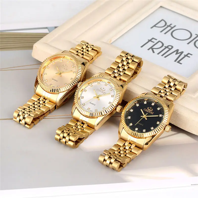 TOP  Couple Diamond Quartz Watch Man Luxurious Golden Stainless Steel Band Case Watches men Clock reloj 