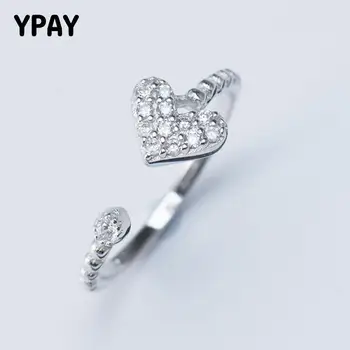 

YPAY Korean New Arrival Heart Love Rings for Women 100% Original 925 Sterling Silver Clear Zircon Open Adjustable Ring YMR454