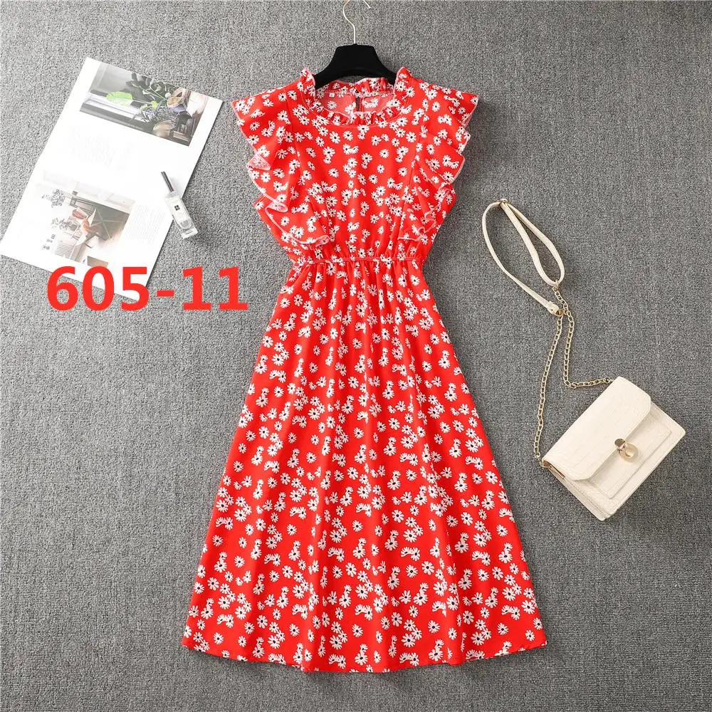 Summer New 2021 Women's Elegant Sundress Slim Sleeveless Woman Sundress Ruffles Knee Length Clothes Red Beach Party Dresses For slip dress Dresses