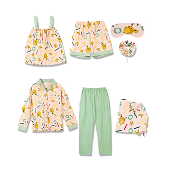 

BZEL Hot Sale Female Sleepwear Green Women's 7 Pieces Pajama Sets Cartoon Printed Leisure Pyjama Turn-down Collar Pijamas Nighty