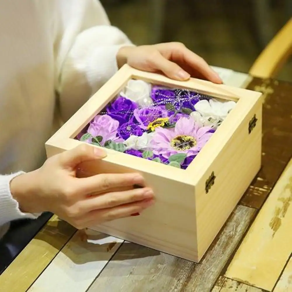 Wooden Lockable Box Glass Top Display Case Flower /Crafts /Gifts Packing Box