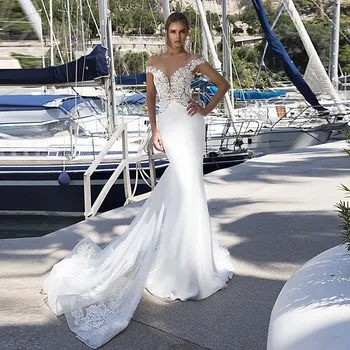 

Off Shoulder Mermaid Lace Appliques Slim Beach Wedding Dress Fishtail Custom Short Sleeves Bridal Gowns Spring Fashion 2020