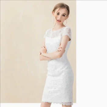 

2020 spring short new slim European and American large women's dress yarn mesh embroidery lace patchwork hip pack dress