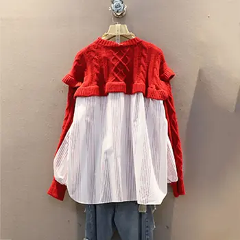 

[EWQ] 2020 Spring Autumn New High Quality Splicing Long Sleeve Casual Round Neck Knitting Fashion Sweater Oversized 3AC404