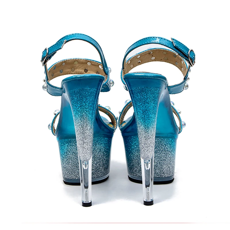 Sandals Women Summer Blue 17cm Sexy Super High Thin Heel Gladiator Glitter Gradient Rivet Open Toe Platfrom Buckle Strap Shoes