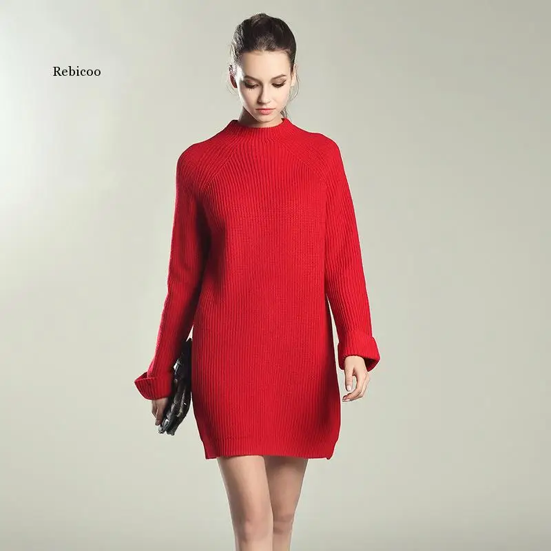 

Autumn Winter Solid Knitted Cotton Sweater Dresses Women Fashion Loose O-Neck Pullover Female Knitted Dress