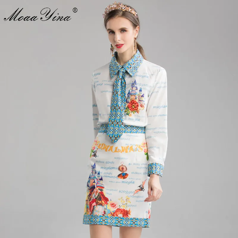 

MoaaYina Fashion Designer Set Spring Women Long sleeve Tie letter Print Beading Shirt Tops+Short skirt Elegant Two-piece set