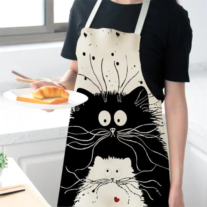 VIERUODIS Kitchen Cooking Apron Cute Cartoon Cat Printed Sleeveless Funny Cotton Linen Apron Man Woman Baking Clean Home Tools