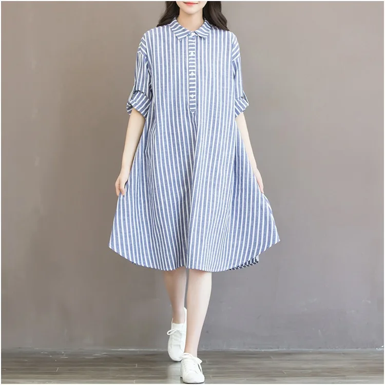 

Autumn Clothing Plus-sized Fat Mm Mid-length Vertical Striped Shirt Cotton Linen Pregnant Women Dress chen yi qun 200