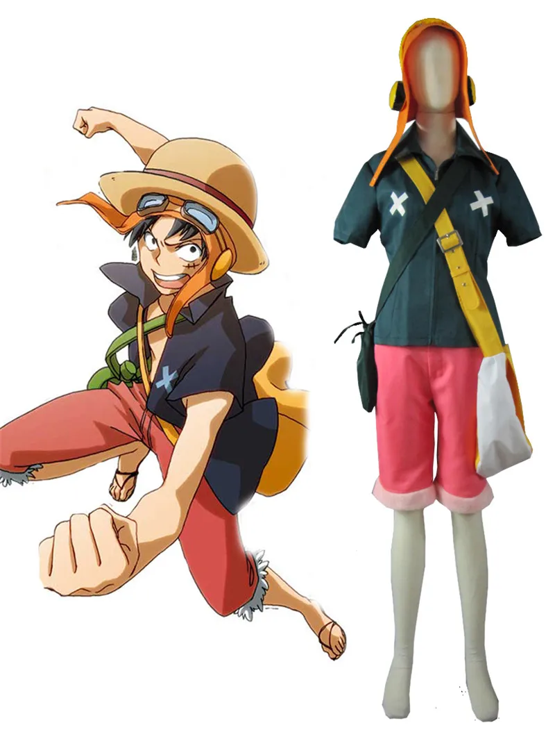 Аниме ONE PIECE Monkey D Косплей Луффи костюм Palgantong Strong World The Expedition Наряд полный комплект топы+ шорты+ шапка+ рюкзак - Цвет: color as the picture