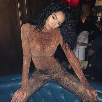 

Toplook Crocodile Pattern Bodysuit Women Long Sleeve Bodycon 2019 Autumn Winter Clothing High Neck Print Streetwear Club Body