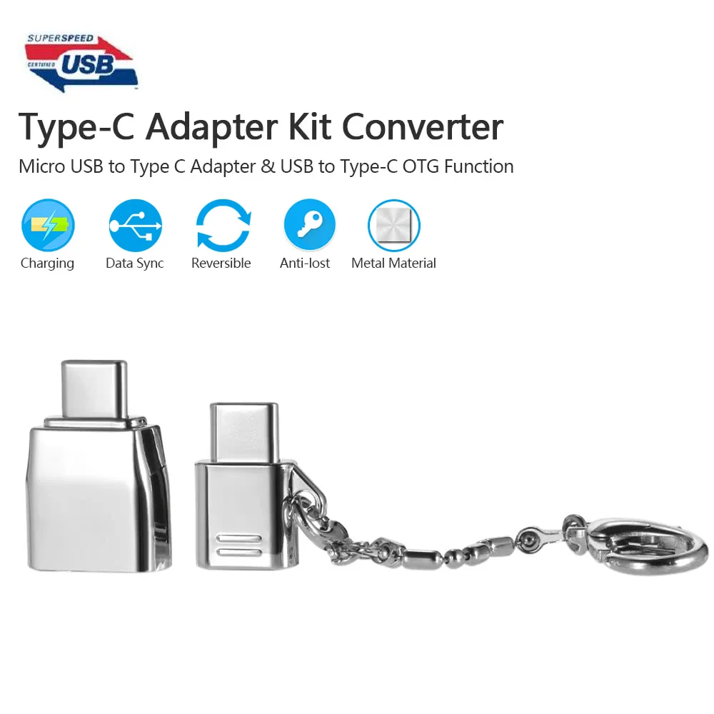 Комплект адаптеров type-C конвертер Micro USB-type C адаптер и USB-type-C с функцией OTG-Серебристый