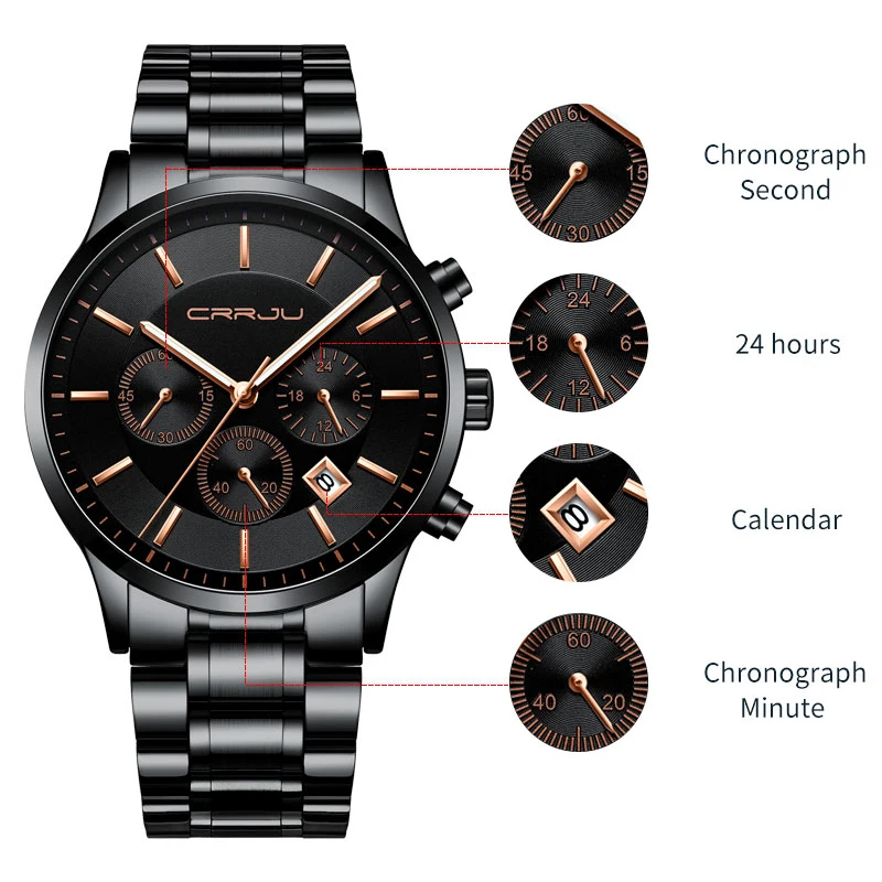 Черные наручные часы, мужские часы, бизнес стиль, нержавеющая сталь, мужские кварцевые часы для мужчин, часы с хронографом, наручные часы