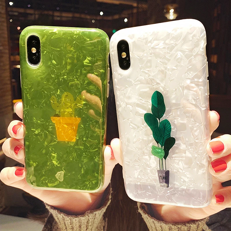 

Cactus Plants Glitter Shell Shining Case For iPhone X XR XS Max Silicone Cover Cactus Pattern Luxury Soft IMD Glossy Phone Cases
