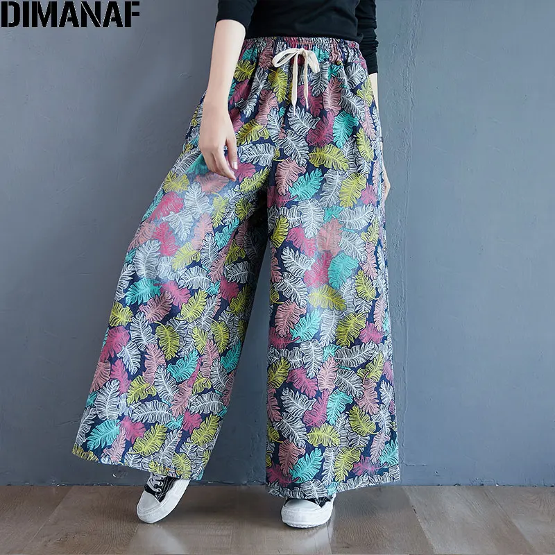 

DIMANAF Plus Size Women Jeans Wide Leg Pants Vintage Leaves Painted Pattern Denim Pants Female Trousers Pantalones New Jeans