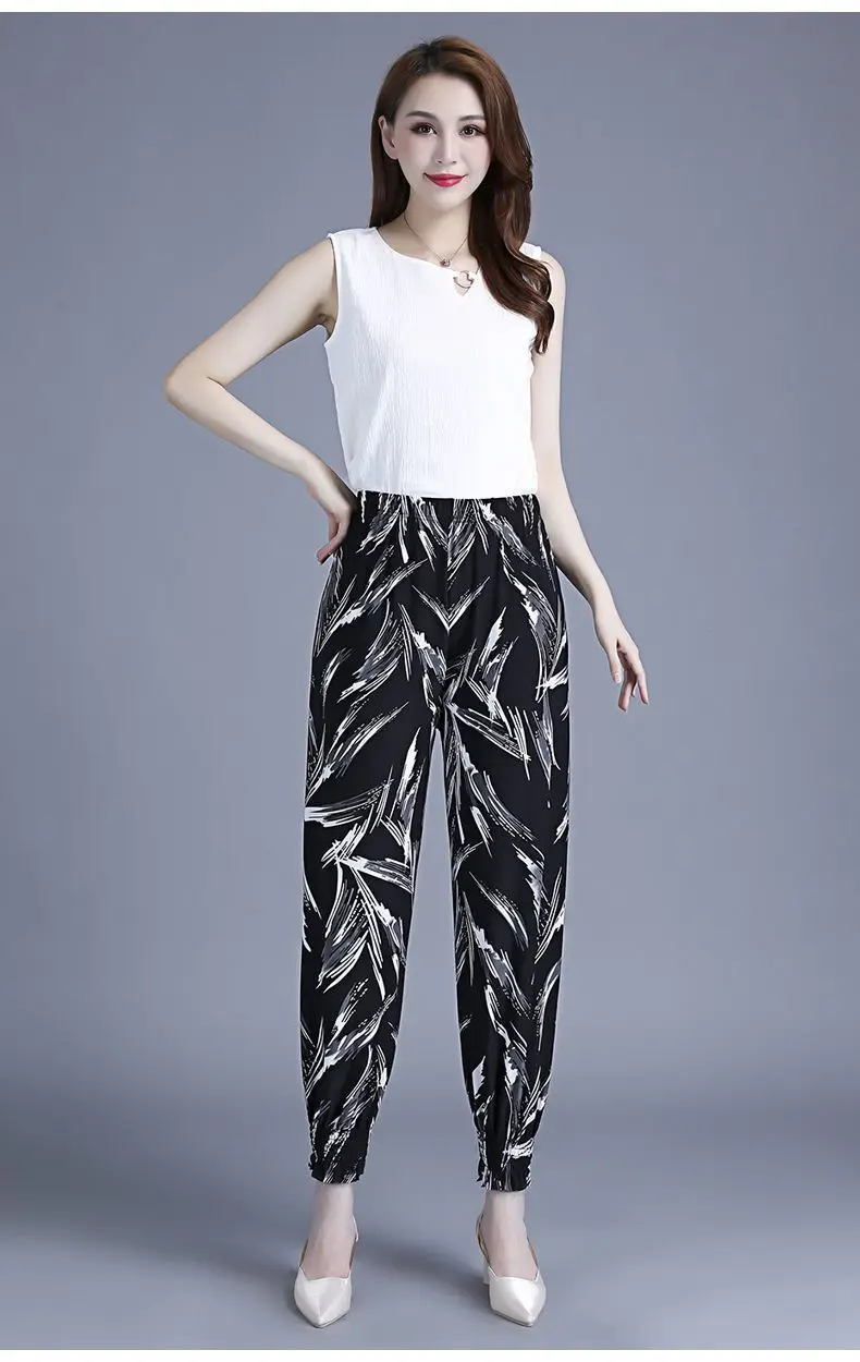 Summer Pants Women Cool Rayon Loose Drawstring Print Dot Casual Mom Sweatpants Big Size Fashion Harem Print Trousers