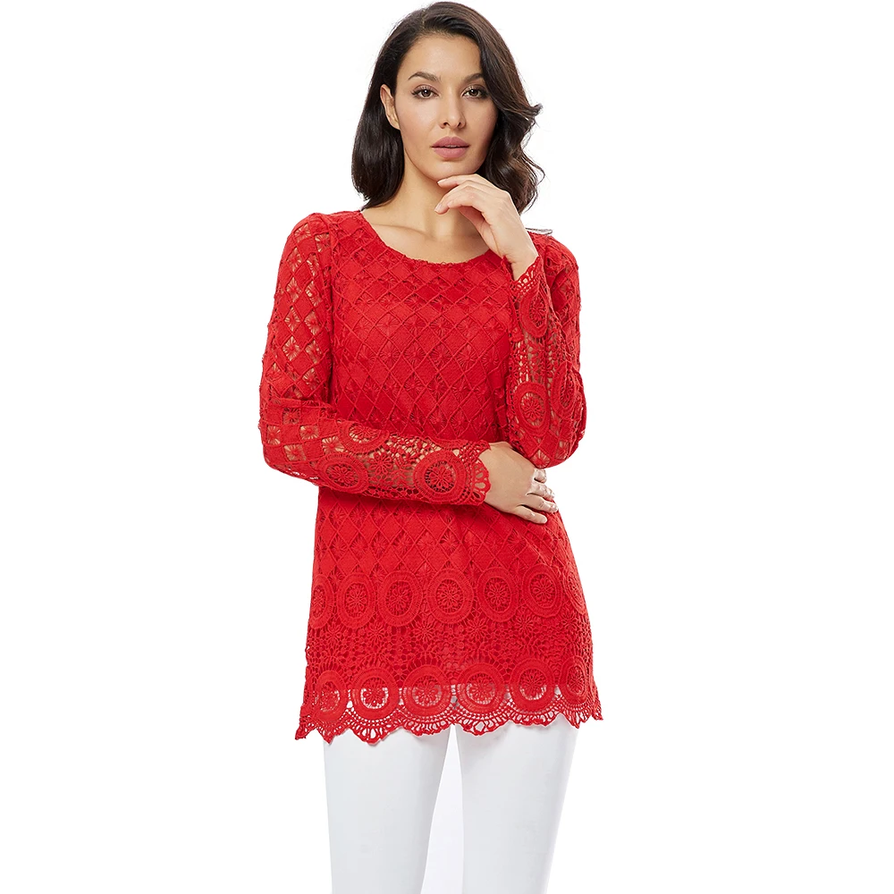 Red-long sleeve YTL, женские топы, элегантные, изысканные, вязанные крючком, кружевная футболка, выдалбливают, длинный рукав, винтажный стиль, туника, топ с оборками, женская рубашка, H139L - Цвет: Red-long sleeve