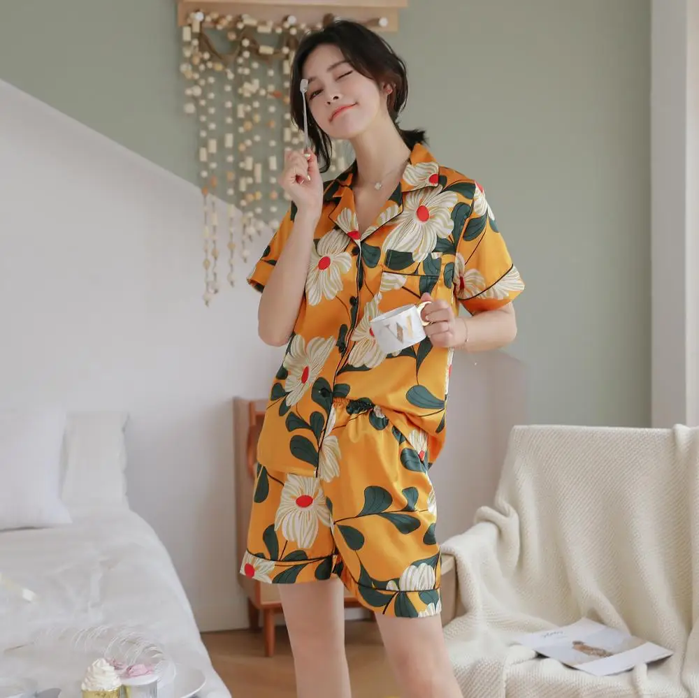 13 Korean Version Casual Pyjama Suit Short Sleeved Shorts Silk Homewear Sweet Print Strawberry Pyjama Students Versatile Пижам - Цвет: 13
