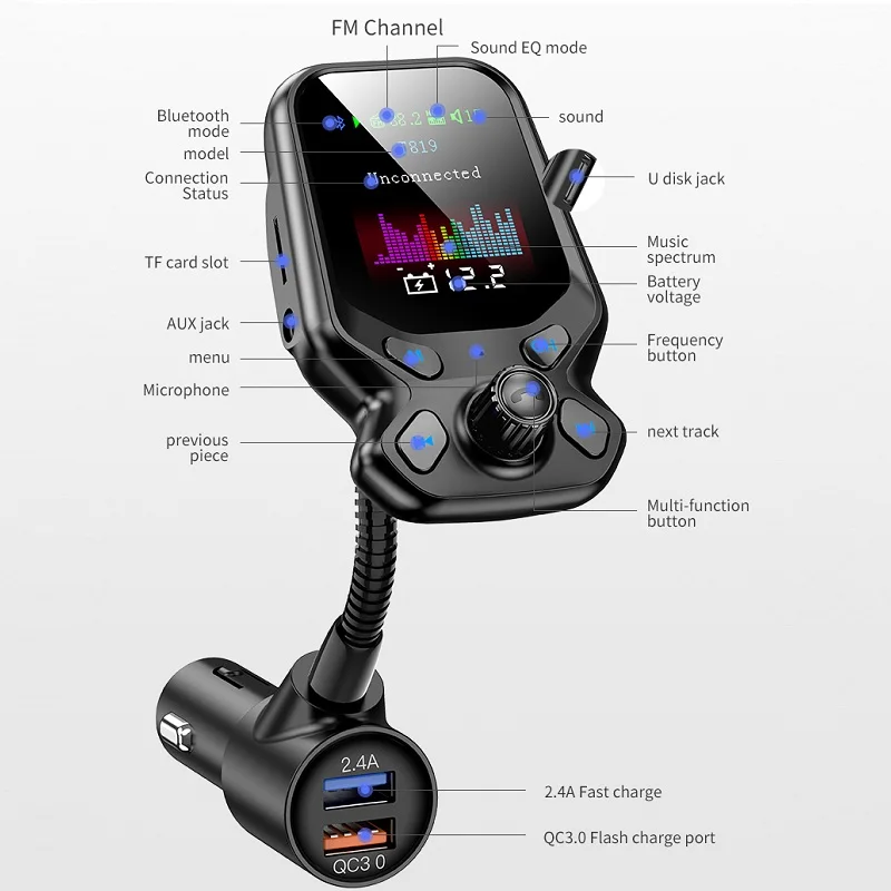 Быстрое Автомобильное зарядное устройство bluetooth 5,0 автомобильное аудио AUX MP3 плеер Смарт двойной USB расширение беспроводной с HD красочный экран T819