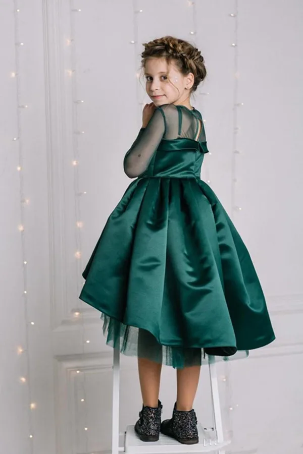 Новинка года, темно-зеленый атлас, платье с цветочным узором для девочек на свадьбу, Прозрачное платье принцессы с высоким низким вырезом плиссированные детские платья на выпускной
