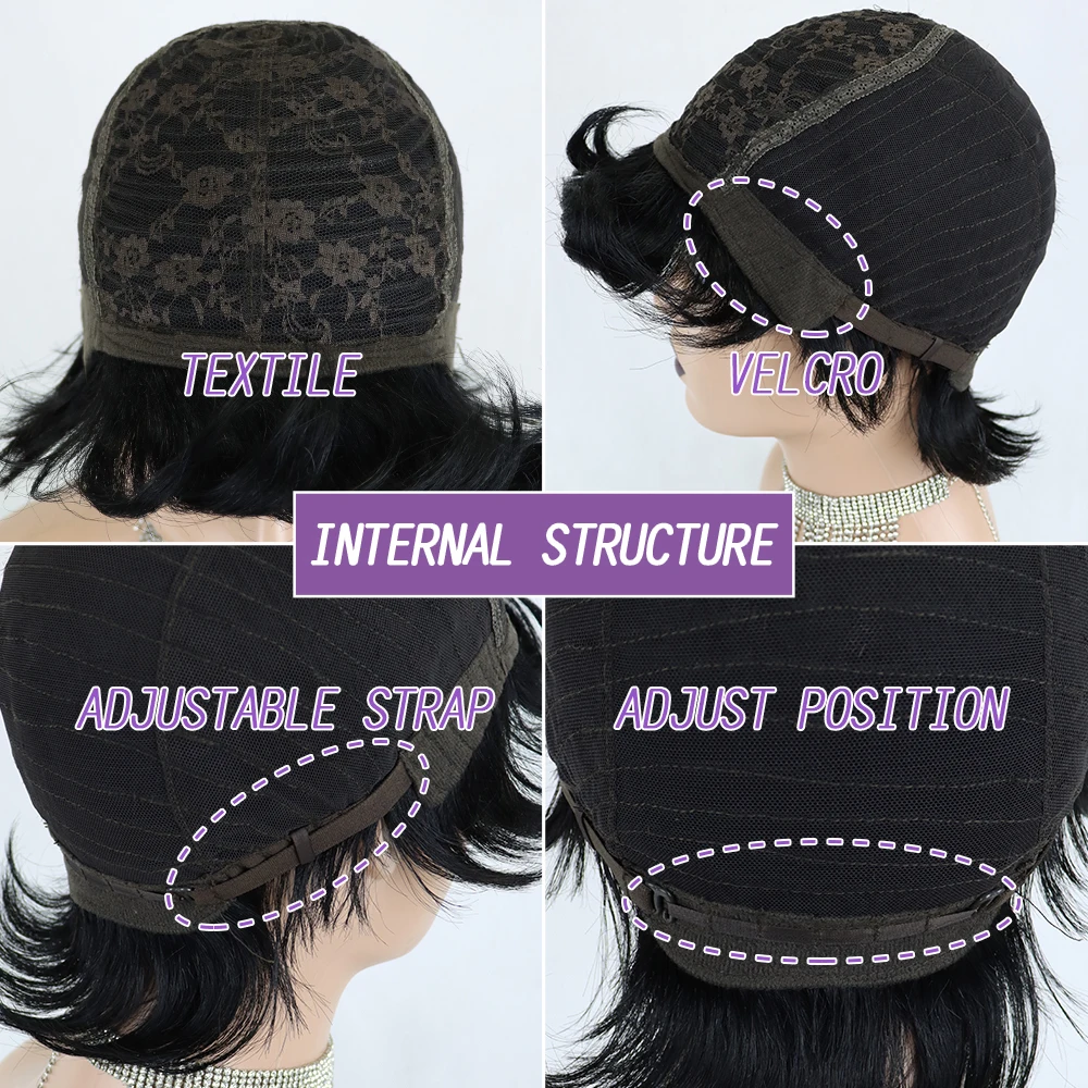 Perucas com Franja para Preto Brasileiro Cabelo Humano Pixie Corte Curto Completo Máquina Feita 100% 5 Apliques e perucas