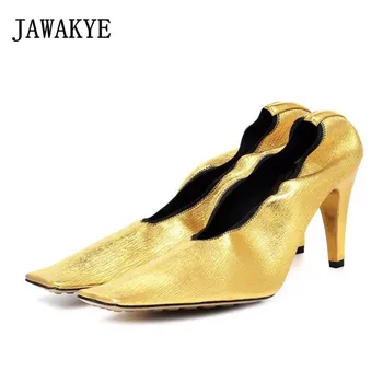 

JAWAKYE Cozy Dress Pumps Women Retro Square Toe Elastic Slip On High Heels Wrinkle Soft Sheep Leather Grandmother Shoes Woman
