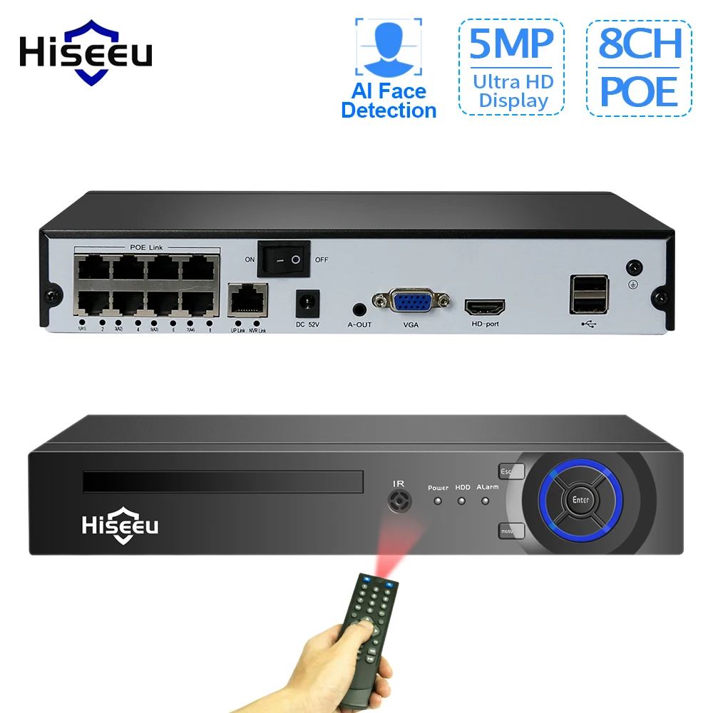 Hiseeu H.265 4/8CH POE NVR Security IP Camera Video Surveillance CCTV System P2P ONVIF 5MP2MP Network Video Recorder Face Detect