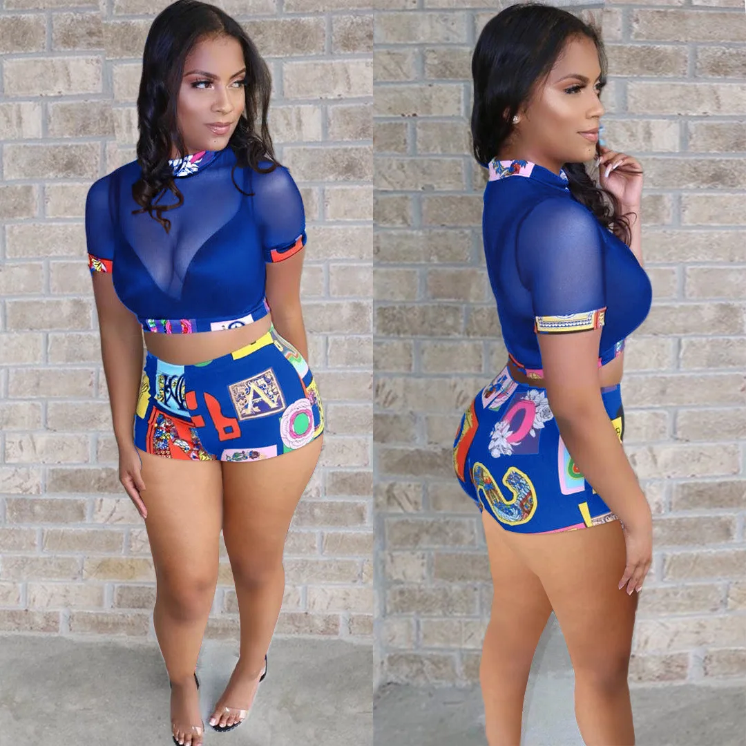 plus size summer two piece set crop top and shorts 2 piece set women club outfits matching sets conjuntos de mujer LD9018 - Цвет: Синий