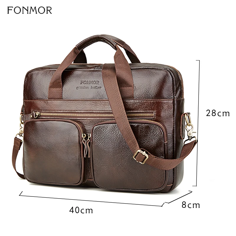 brown Fonmor мужской портфель из натуральной кожи, большая Мужская сумка из воловьей кожи, мужская коричневая деловая сумка 14 дюймов, ручные сумки для ноутбука с карманом на молнии - Цвет: brown