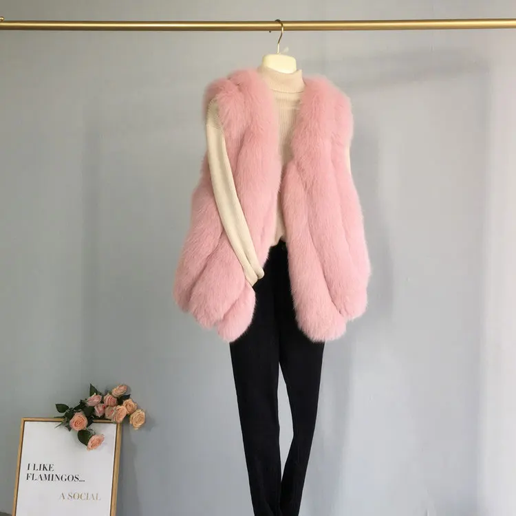 Pink Зимние Модные теплые новые стильные короткие жилеты из лисьего меха с v-образным вырезом без рукавов жилеты из натурального меха женская одежда - Color: Pink