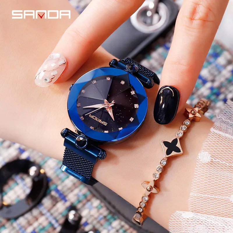 Sanda Лидер продаж модные женские кварцевые часы Звездное небо Сияющие Роскошные